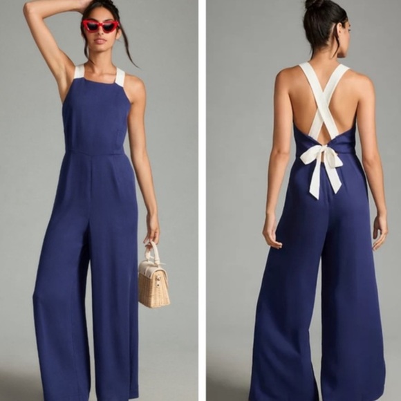 NWT,Anthro’s Plenty by Tracy Reese Blue & White Coastal Halter Jumpsuit, Size XS - Picture 1 of 11